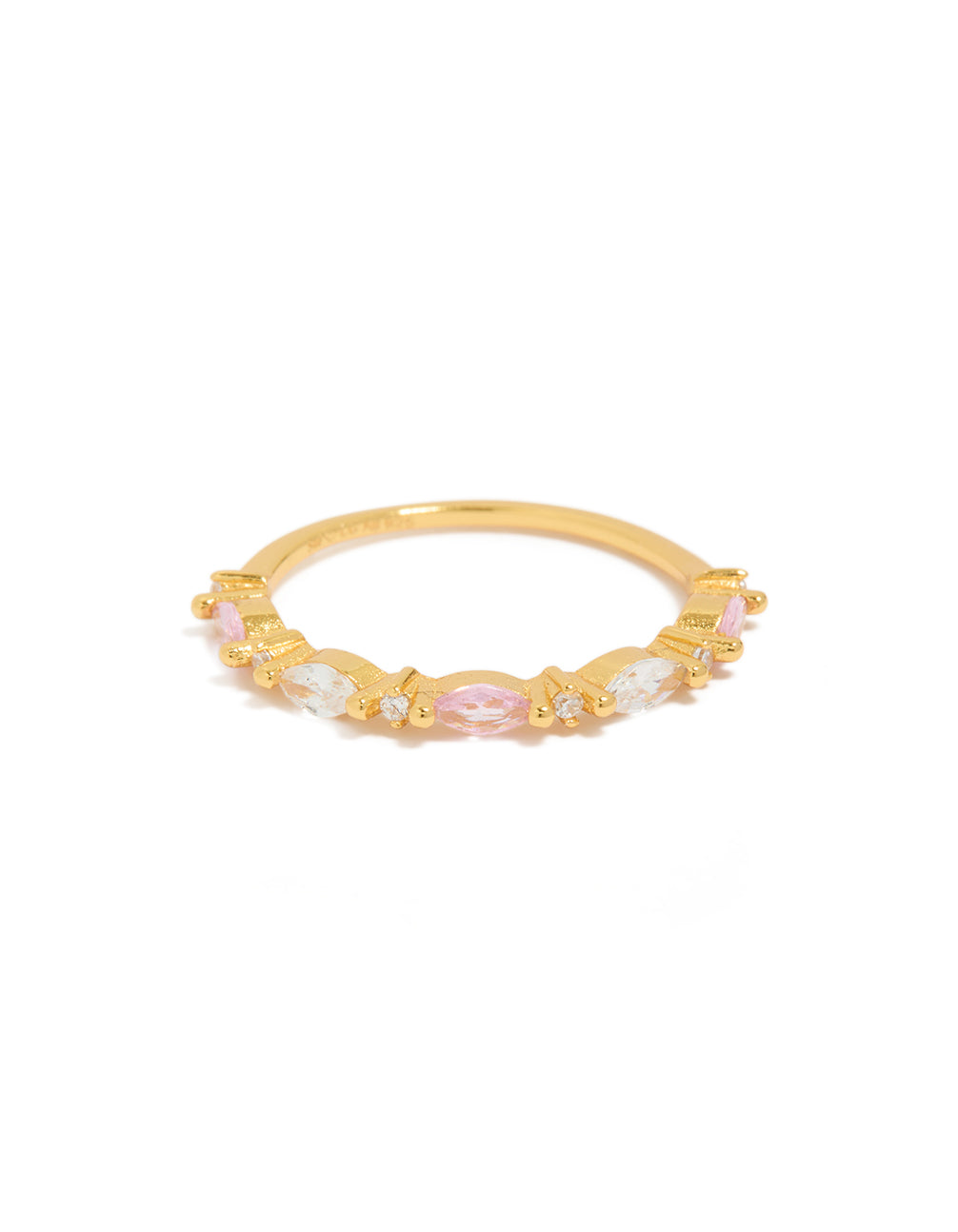 Featuring gold plated sterling silver with alternating marquise and round cubic zirconia in light pink and clear close up view