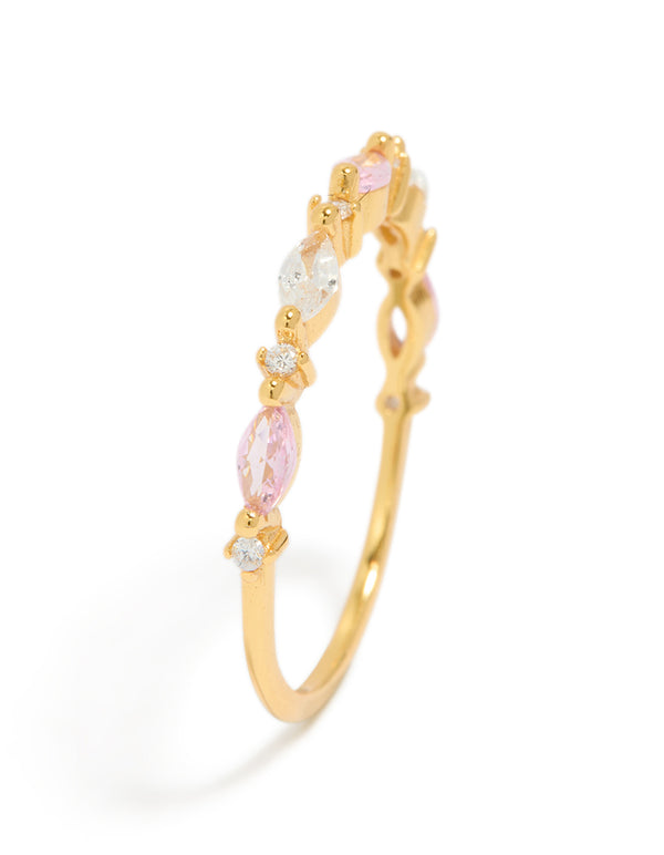 Gold Plated Sterling Silver Alternating Marquise Round Cubic Zirconia Ring