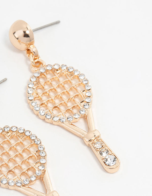 Gold Diamante Tennis Racket Drop Earrings