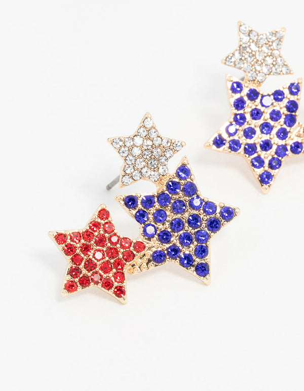 Gold 3 Star Diamante Stud Earrings