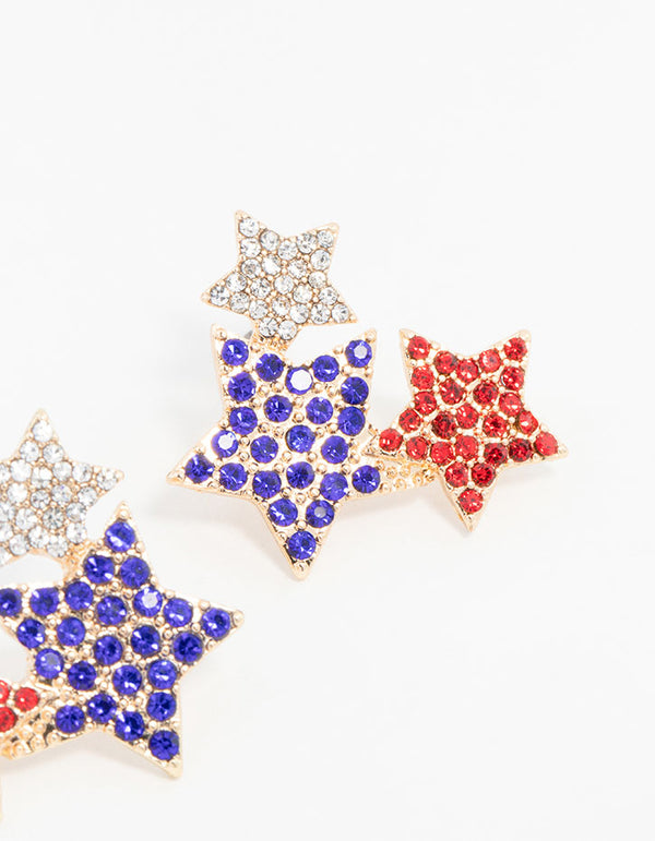 Gold 3 Star Diamante Stud Earrings