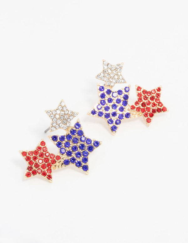 Gold 3 Star Diamante Stud Earrings