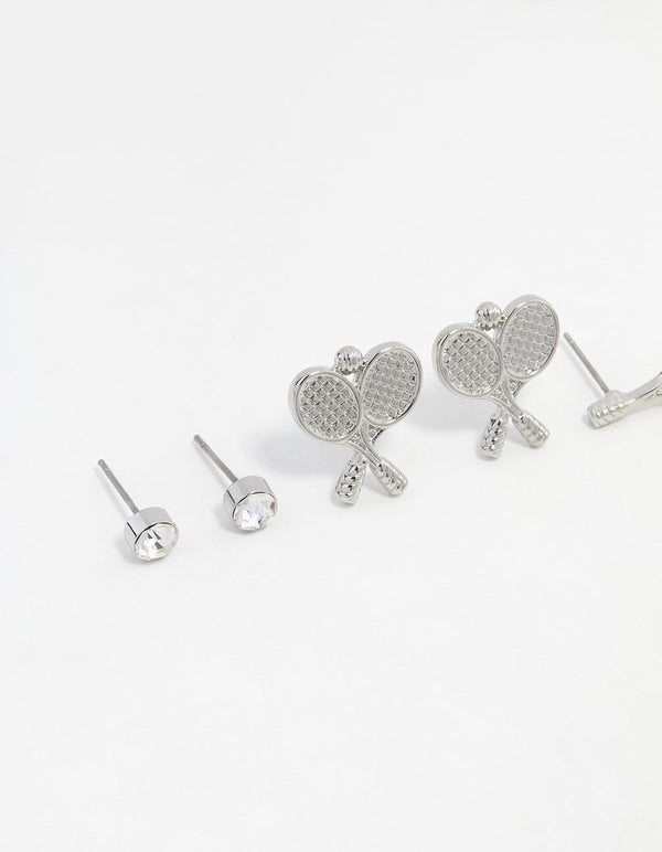 Silver Diamante Tennis Racket Stud Earring Pack