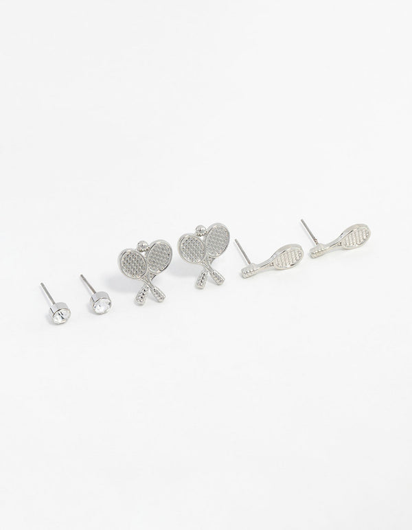 Silver Diamante Tennis Racket Stud Earring Pack