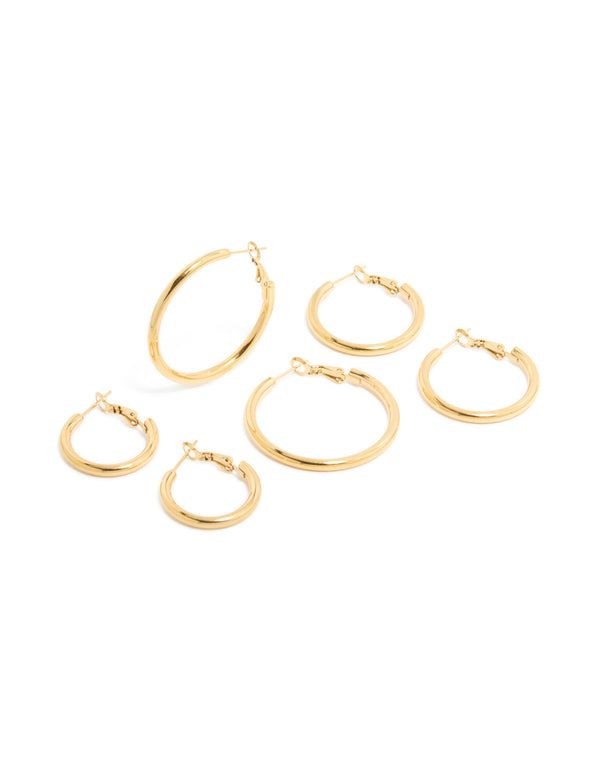 Waterproof Gold Plated Stainless Steel Large Basic Hoop Earrings 3-Pack