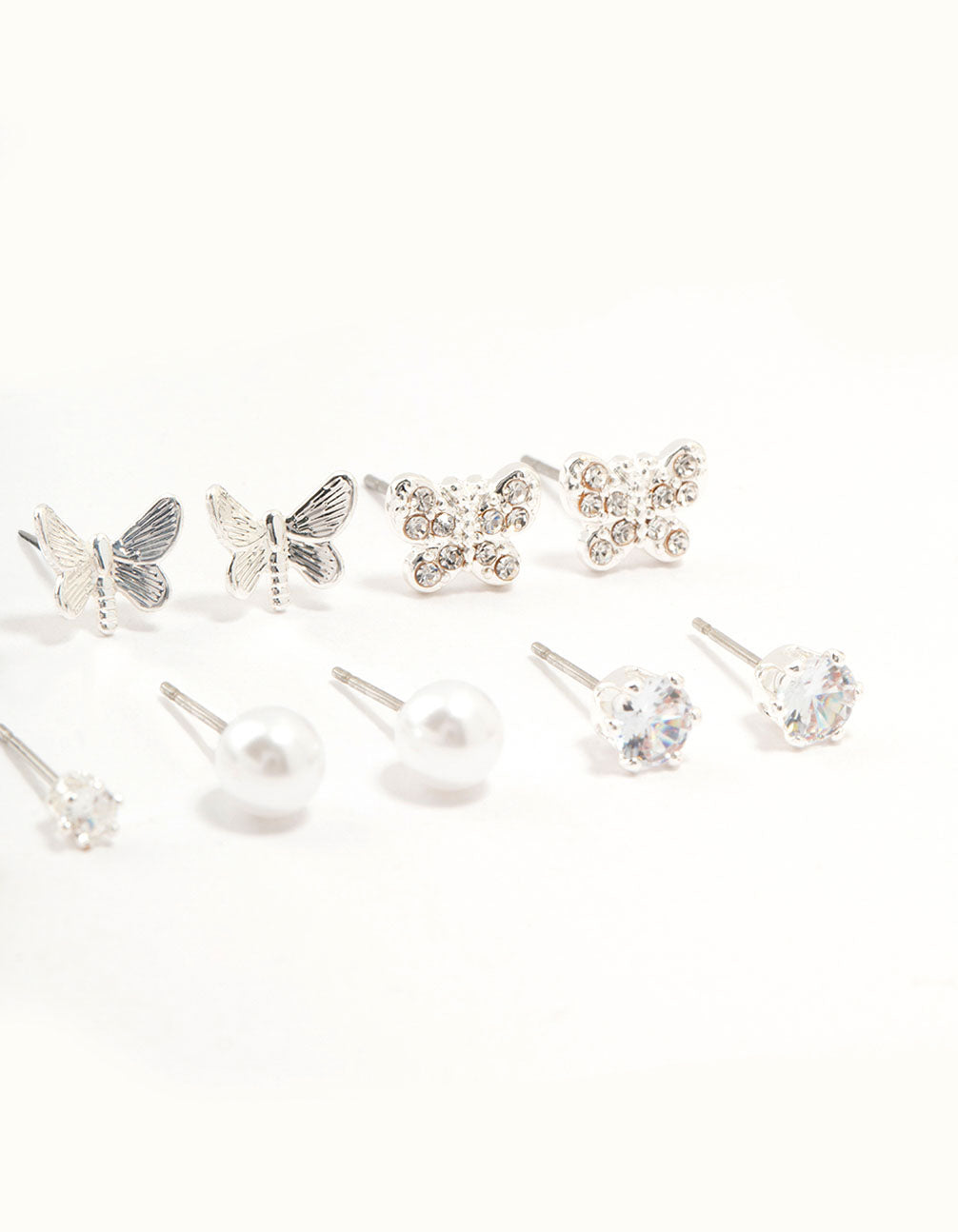 Silver Pearl Diamante Butterfly Earrings 8-Pack