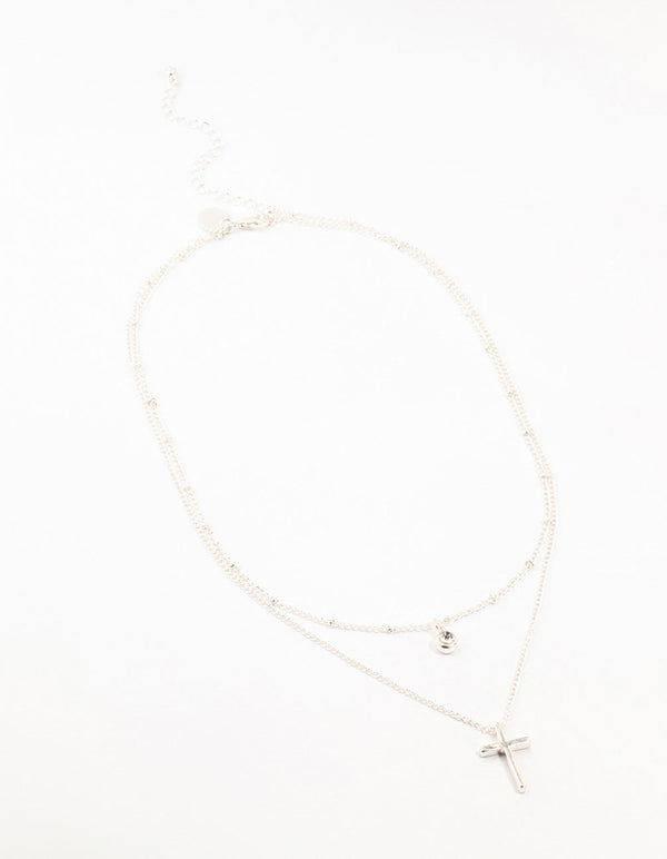 Silver Diamante Cross Layered Necklace