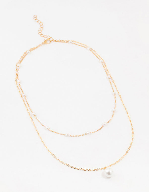 Gold Station Pearl Pendant Layered Necklace
