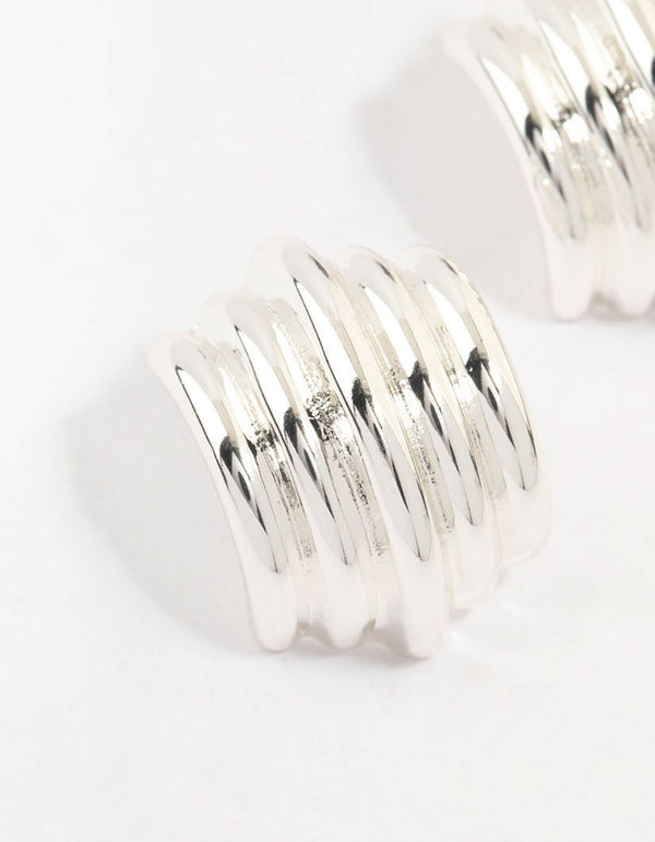 Silver Plated Ribbed Medium Stud Earrings