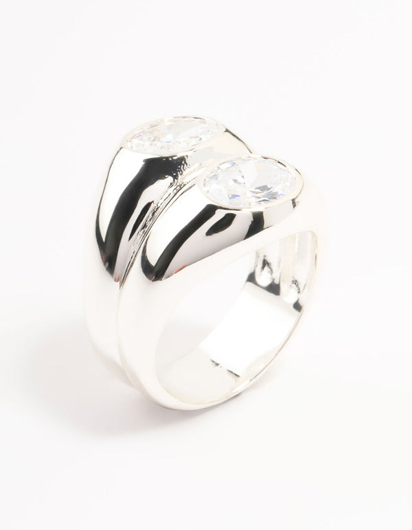 Silver Plated Oval Cubic Zirconia Puffy Stacking Ring