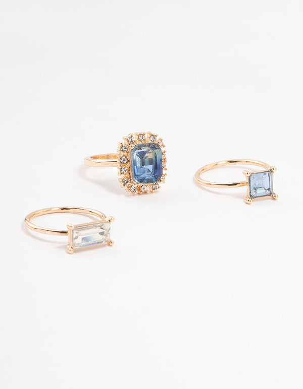Rose Gold Framed Blue & Silver Diamante Rings 3-Pack