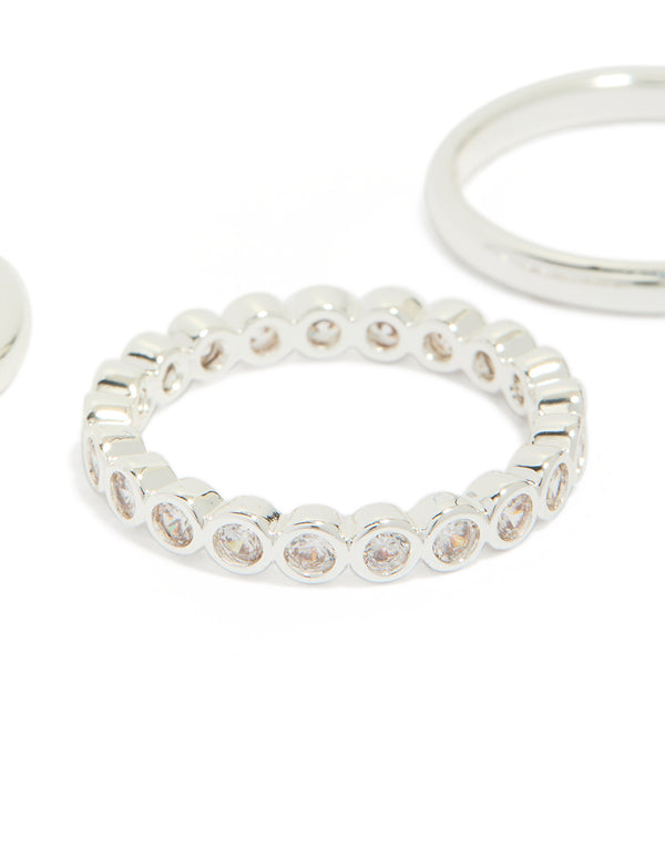 Designed with round cubic zirconia in silver plated fine stacking rings 3-pack close up view