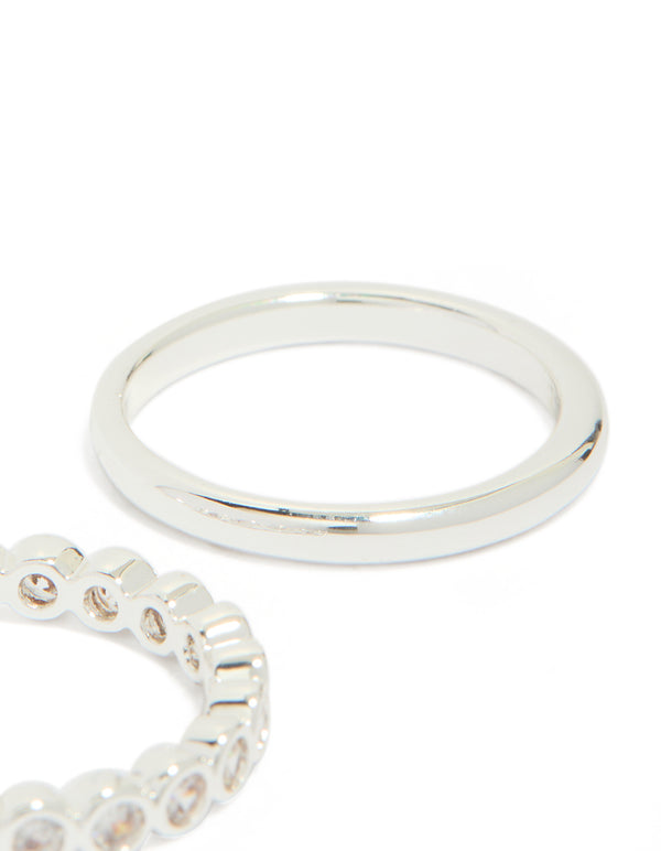 Featuring silver plated fine round cubic zirconia stacking rings 3-pack side detail view