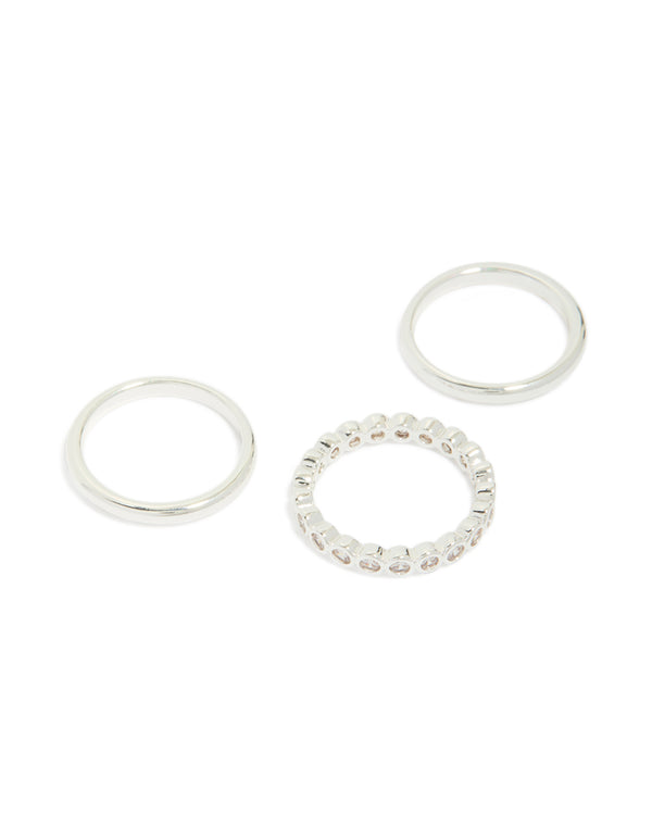 Featured here are fine round cubic zirconia stacking rings in a 3-pack with silver plated material front view