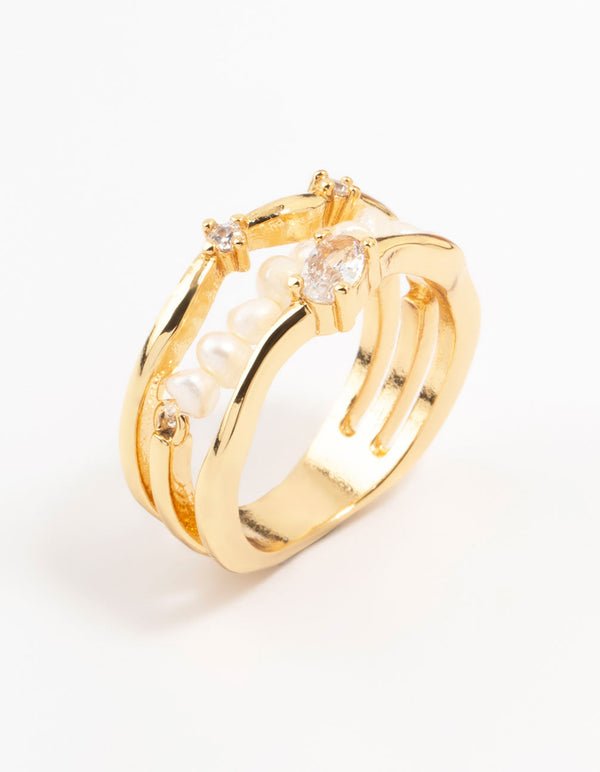 Gold Plated Nestled Pearl 3 Row Ring