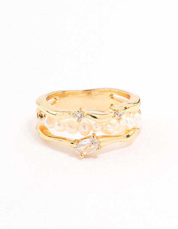 Gold Plated Nestled Pearl 3 Row Ring
