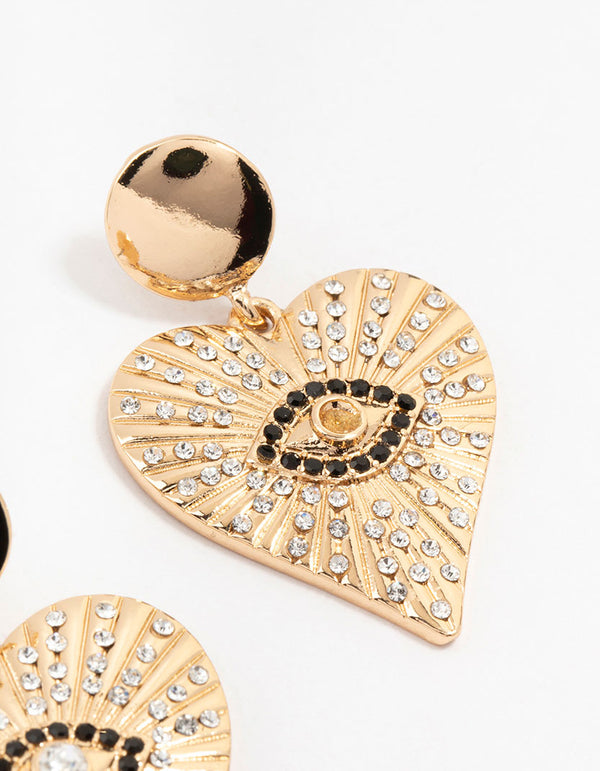 Gold & Black Etched Evil Eye Heart Drop Earrings