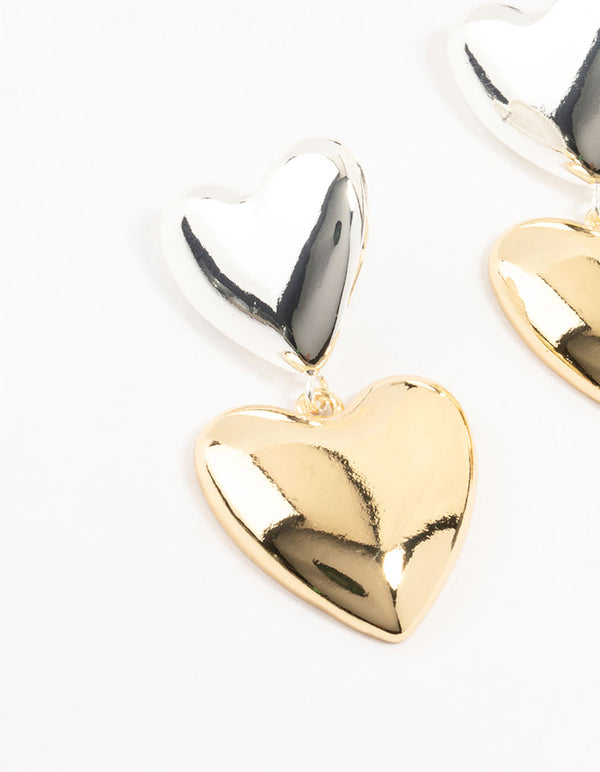 Mixed Metals Double Heart Drop Stud Earrings