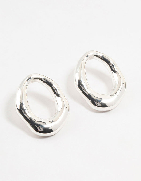 Designed with molten open circle stud earrings crafted from silver plated metal front view