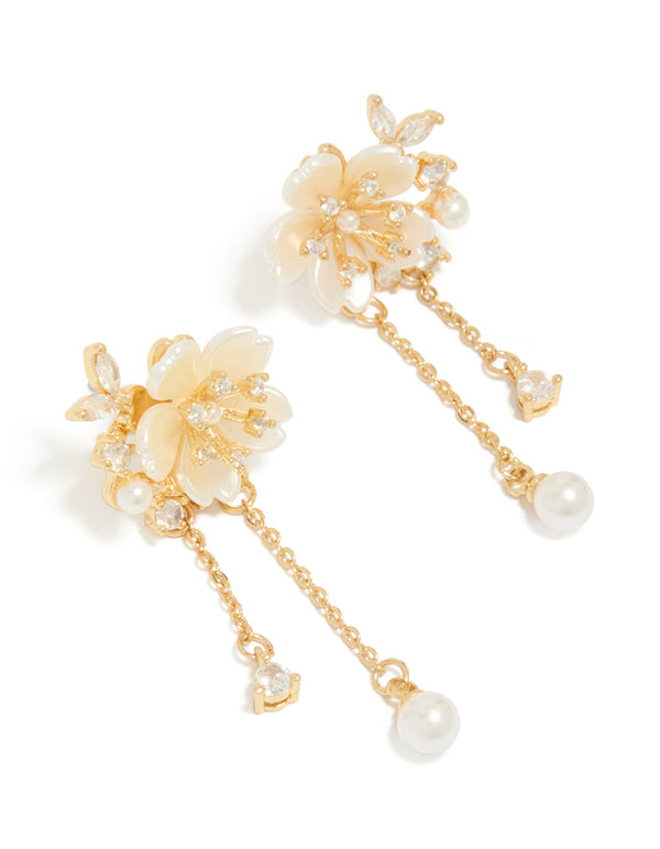 Beautifully designed gold plated acrylic flower pearl drop earrings featuring statement style front view