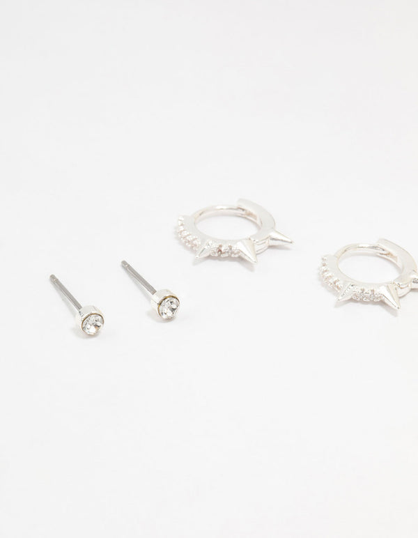 Silver Diamante Spikey Earrings 3-Pack
