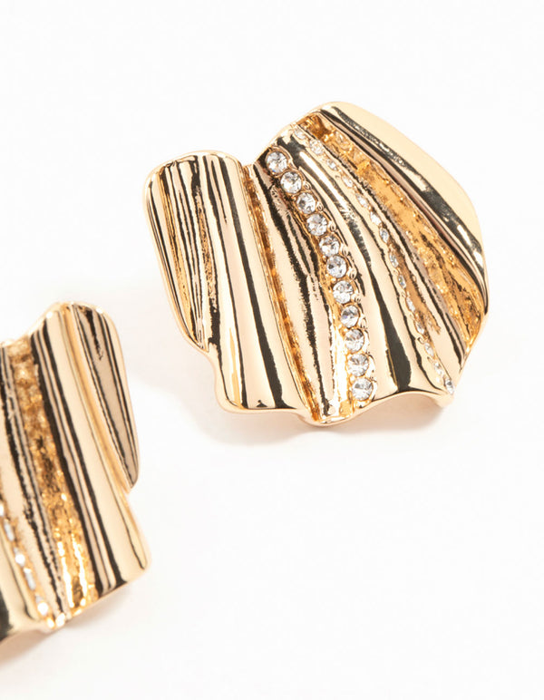 Gold Diamante Crinkle Fan Stud Earrings