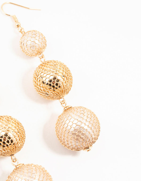 Gold Fishnet Ball Drop Earrings