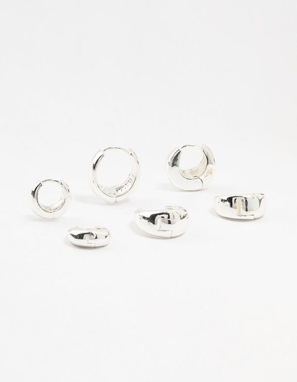 Silver Plated Brass Chunky Mixed Hoop Earrings 3-Pack