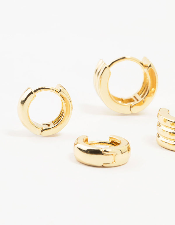 Gold Plated Brass Trio Ribbed & Rope Hoop Earrings 3-Pack