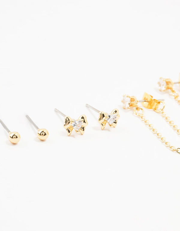 Gold Plated Brass Heart Bow Chain Earrings 4-Pack