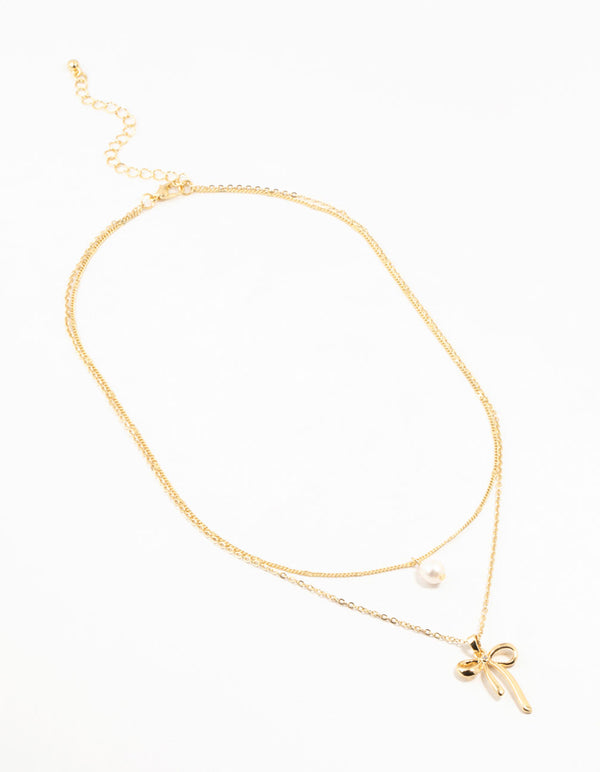 Gold Plated Brass Bow & Pearl Layered Necklace