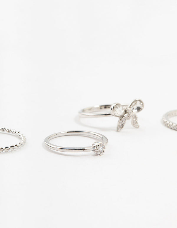 Silver Mixed Bow Cubic Zirconia Rings 6-Pack