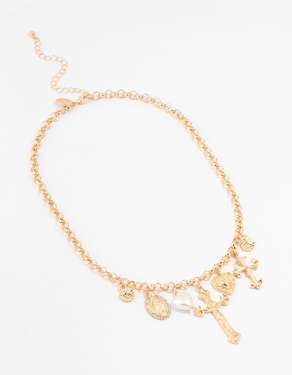 Gold Mixed Charm Cross Necklace