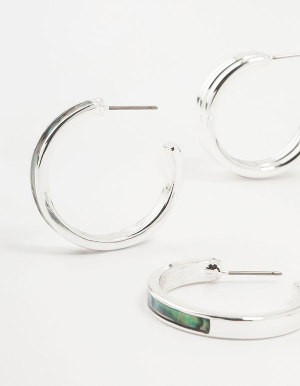 Silver Abalone Genuine Shell Hoop Earrings 2-Pack