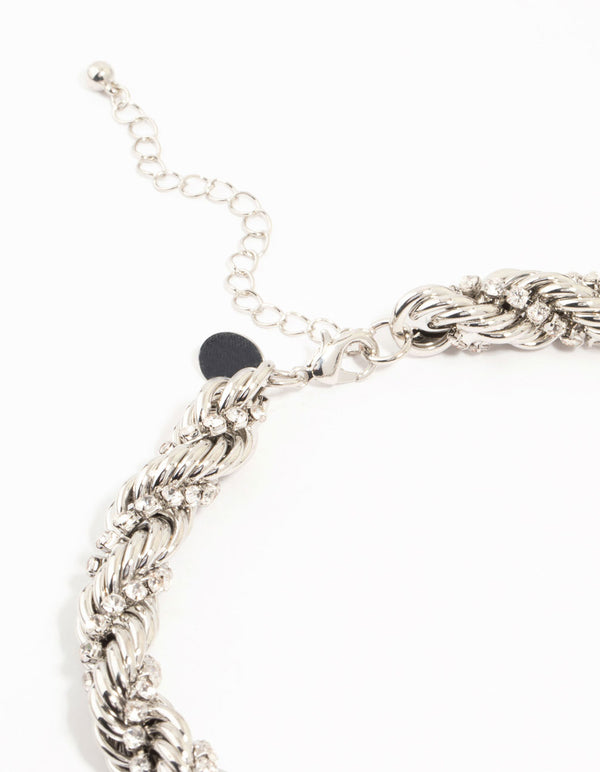 Silver Diamante Twisted Large Short Necklace