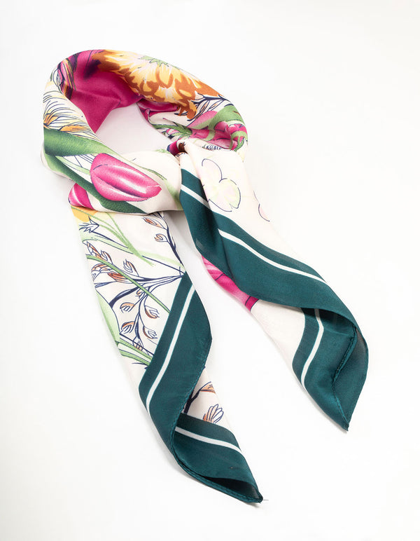 Showcasing a multicoloured orchid scarf with leaf and floral print in teal, deep pink, olive drab, and orange design front view