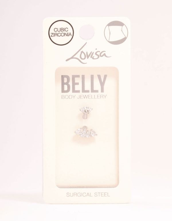 Surgical Steel Double Pear Cubic Zirconia Fan Belly Bar