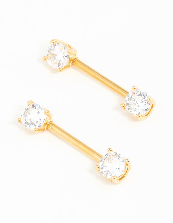 Gold Plated Surgical Steel Cubic Zirconia Nipple Bars 2-Pack