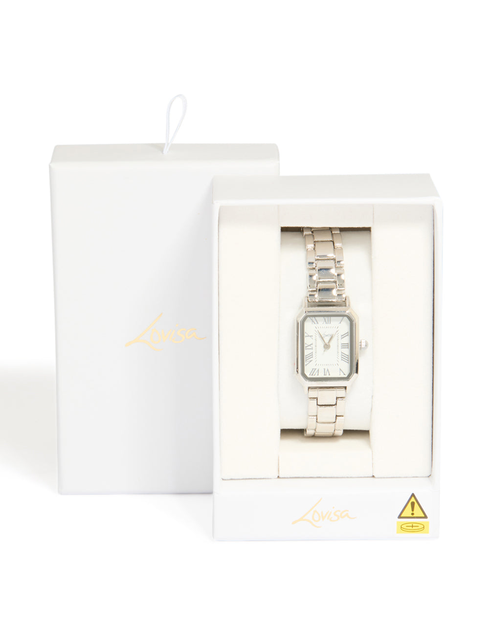 Beautifully crafted silver rectangle roman numeral watch with white dial for women featuring link band strap and analog display in formal style case detail view