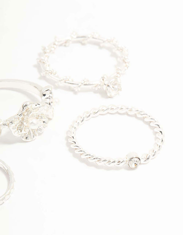 Silver Twisted, Sleek & Diamante Flower Style Rings 5-Pack