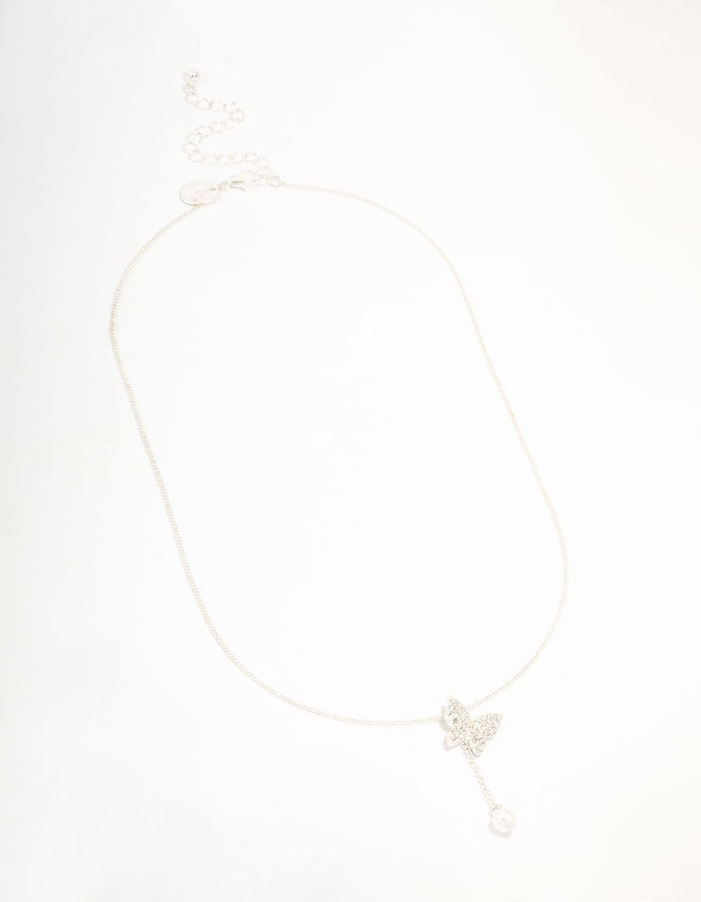 Silver Diamante Butterfly & Pearl Y-Necklace