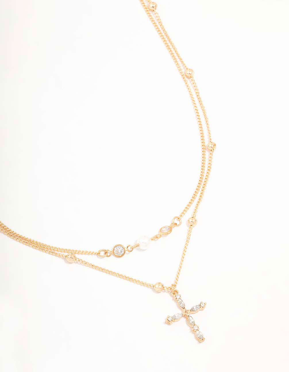 Gold Layered Diamante Cross & Pearl Necklace