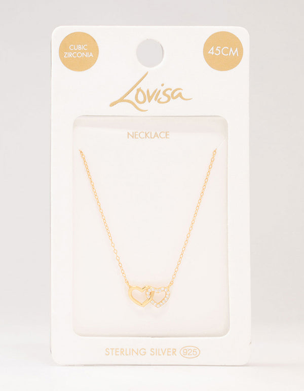 Gold Plated Sterling Silver Double Heart Cubic Zirconia Necklace