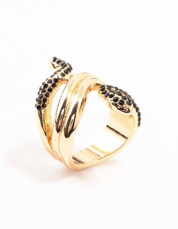 Showcasing a statement snake ring in gold with black diamante detailing side detail view