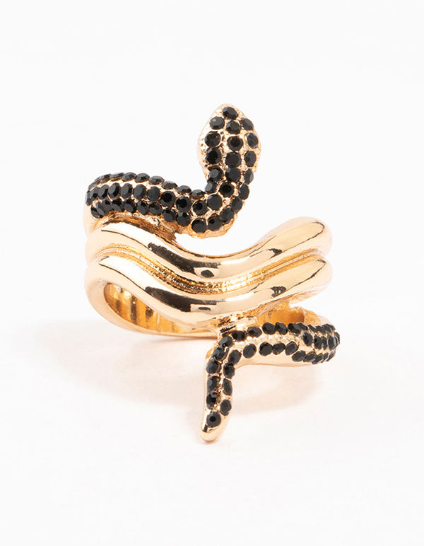 Featuring a statement snake ring in gold with black diamante detailing close up view