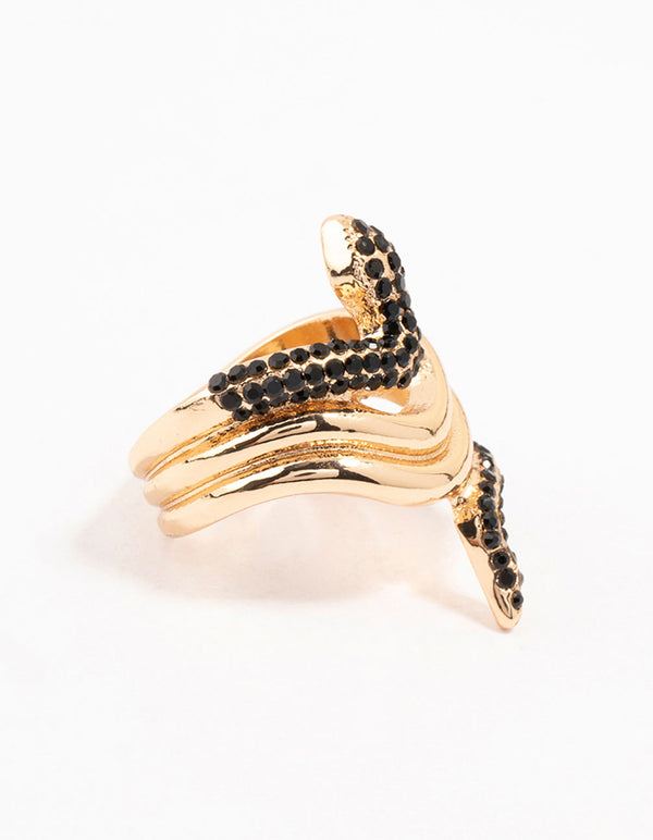 Presenting a statement snake ring in gold with black diamante detailing front view