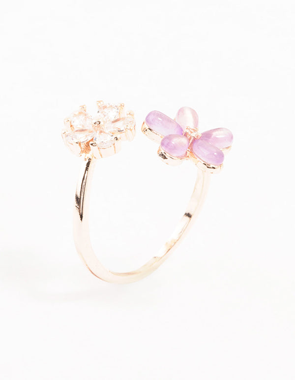 Showcasing rose gold cubic zirconia wrap around ring with floral pattern in lavender and pink tones side detail view