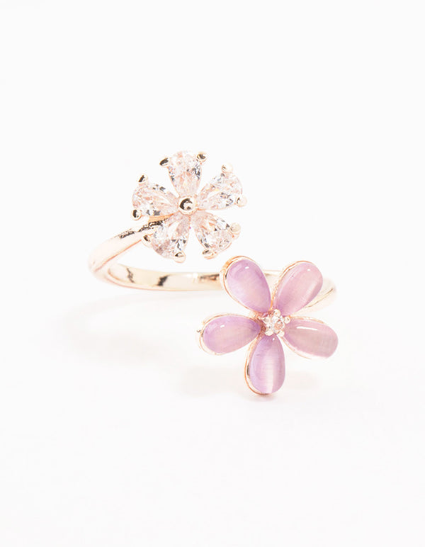 Designed with rose gold cubic zirconia and floral pattern featuring lavender and pink details close up view