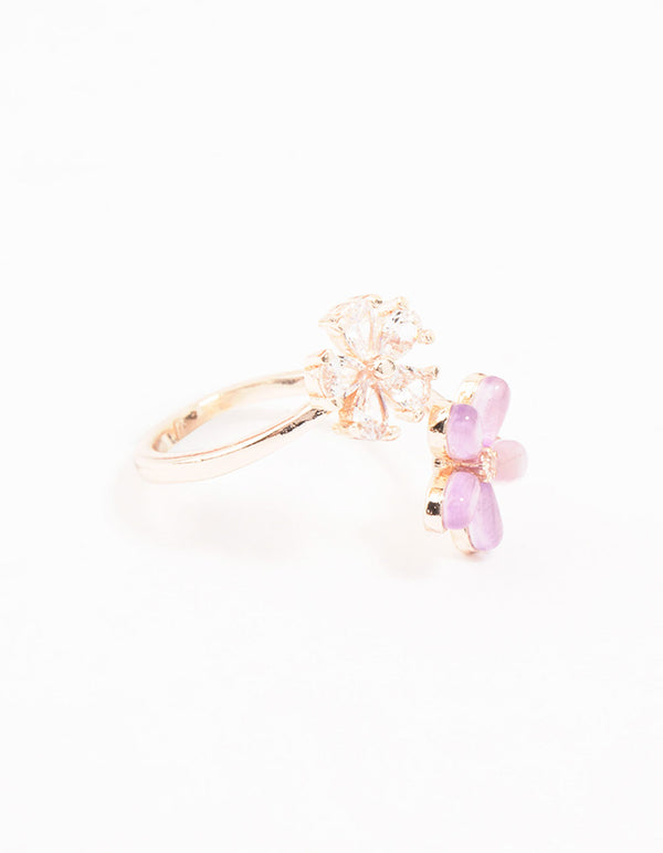 Beautifully crafted rose gold cubic zirconia wrap around ring featuring floral pattern with lavender and pink accents front view