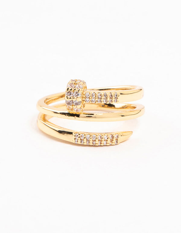 Featuring a gold plated cubic zirconia nail wrapped ring in statement style close up view